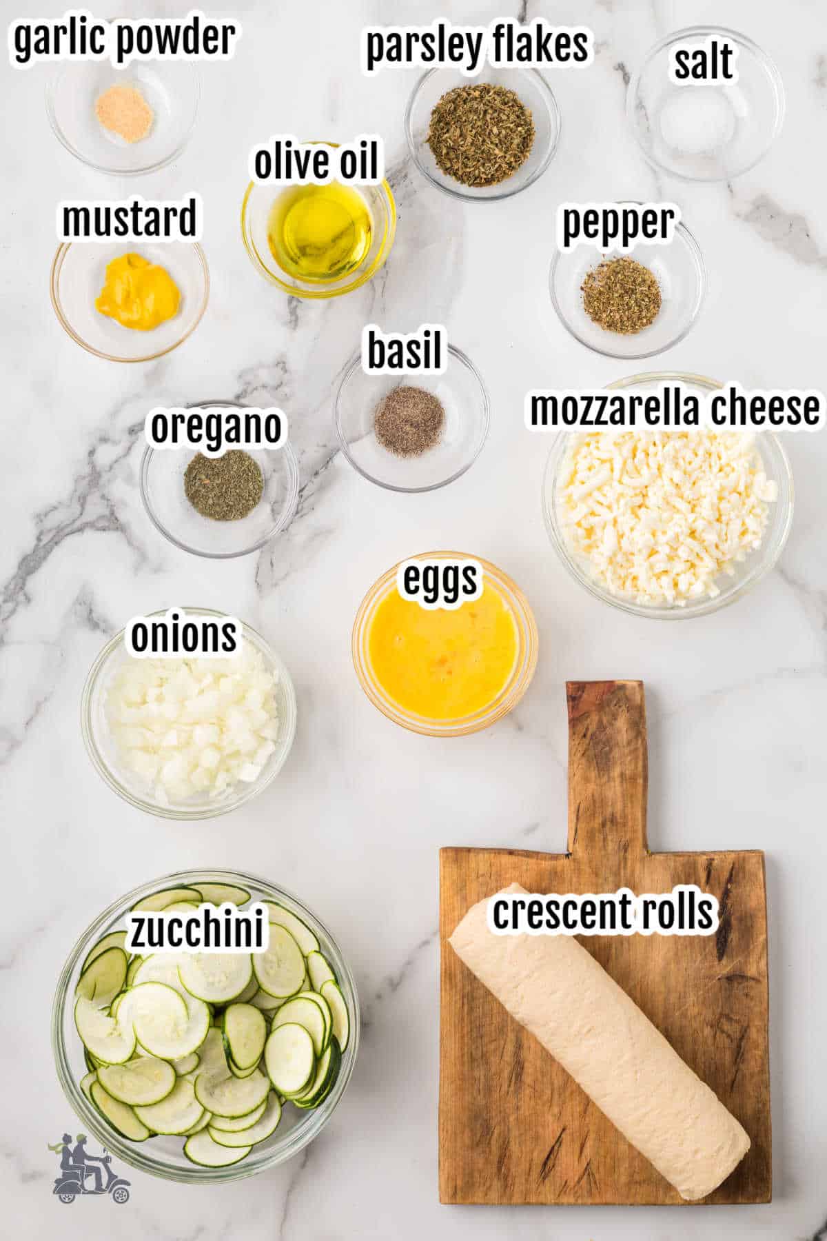 Image of the ingredients needed to make Crescent Zucchini Pie. 