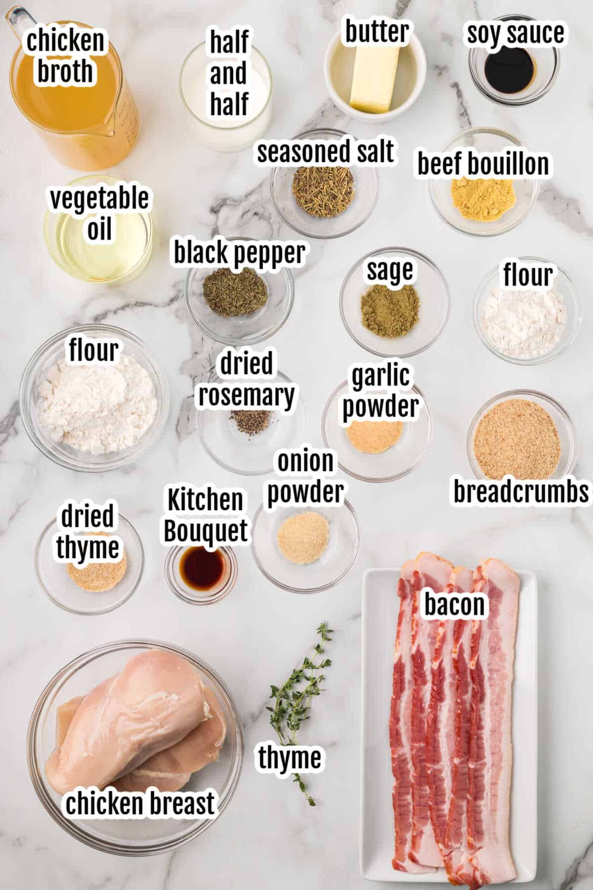 Image of the ingredients needed to make the Southern Smothered Chicken recipe. 