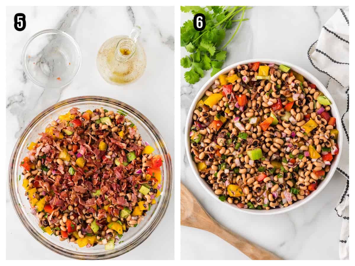 The collage shows the last two steps to preparing the bean salad. 