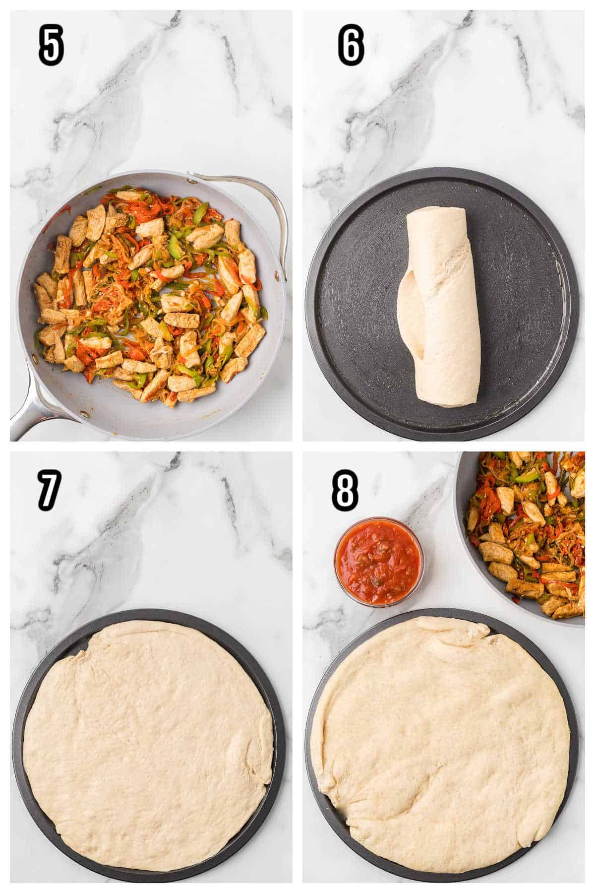 The second collage follows steps five through eight for the Chicken Fajita Pizza recipe. 