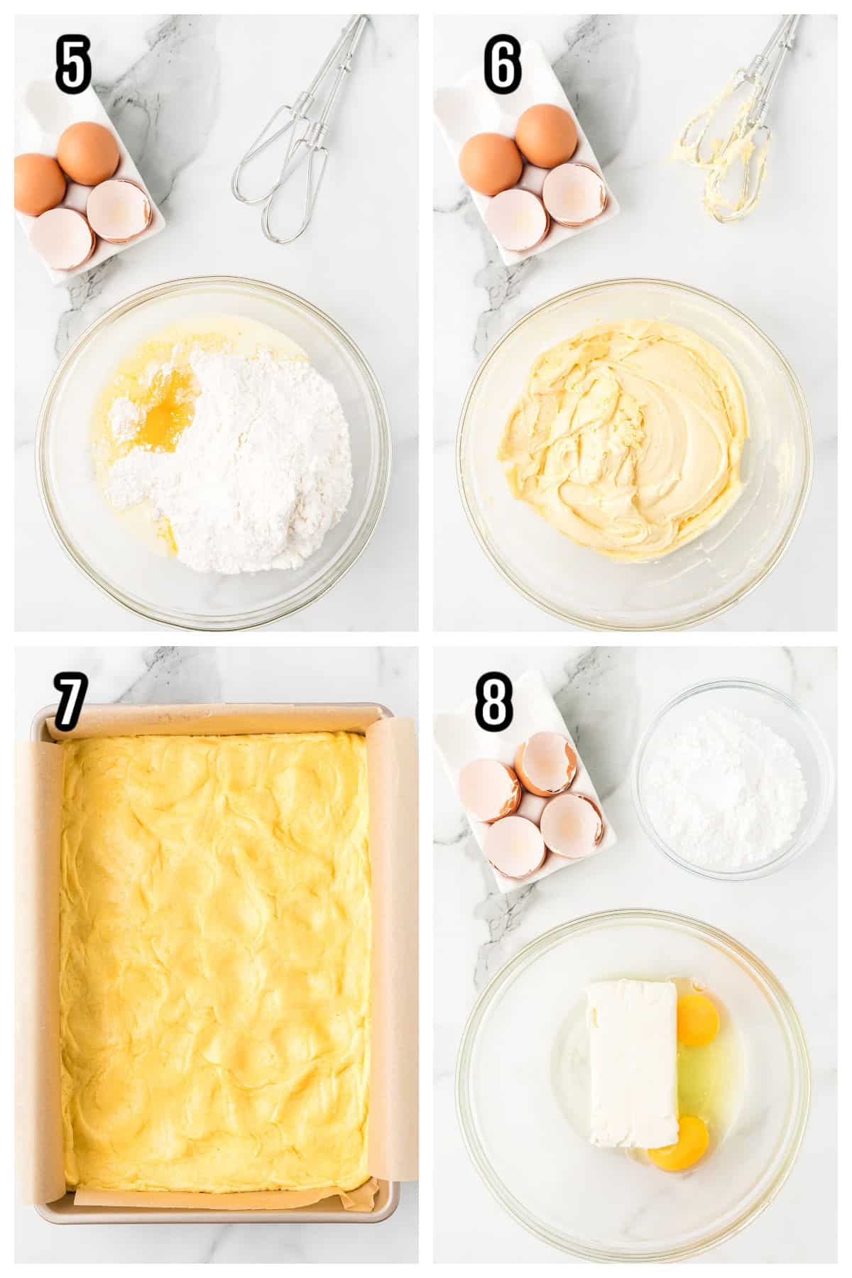 A collage featuring steps five through eight that shows making the gooey cake dessert bars. 