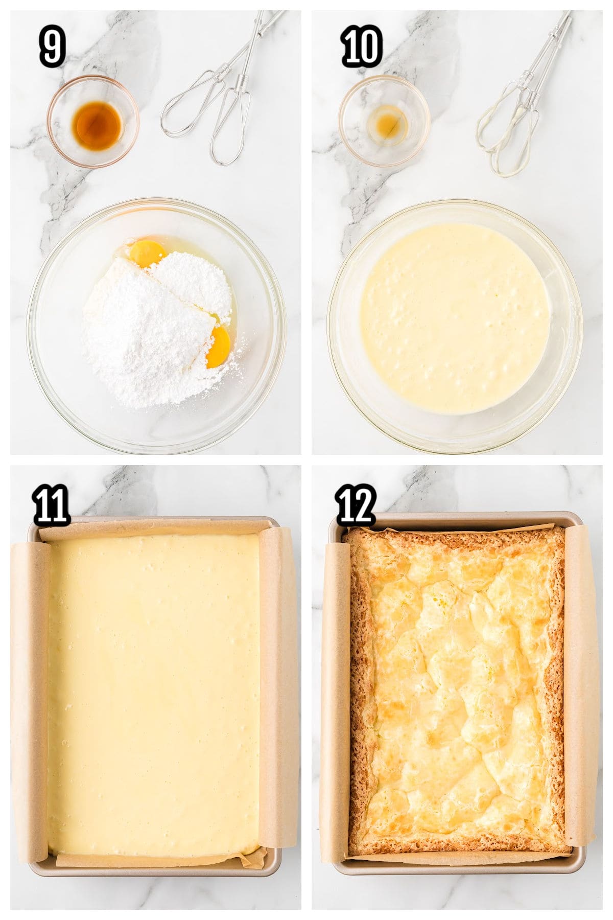 The final collage shows the last four steps to finishing and baking the dessert bars. 