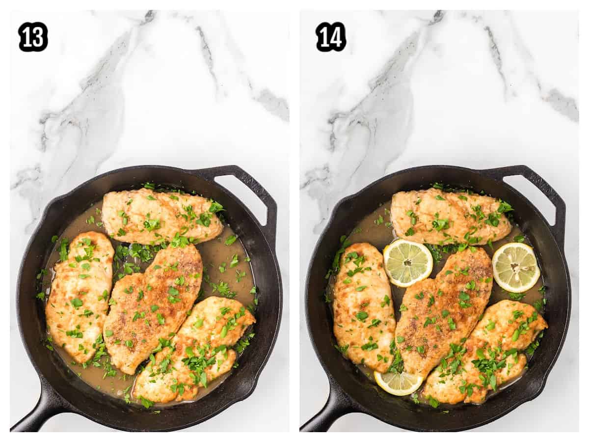 The fourth and final collage shows how to finish and garnish the chicken scallopini in lemon sauce. 