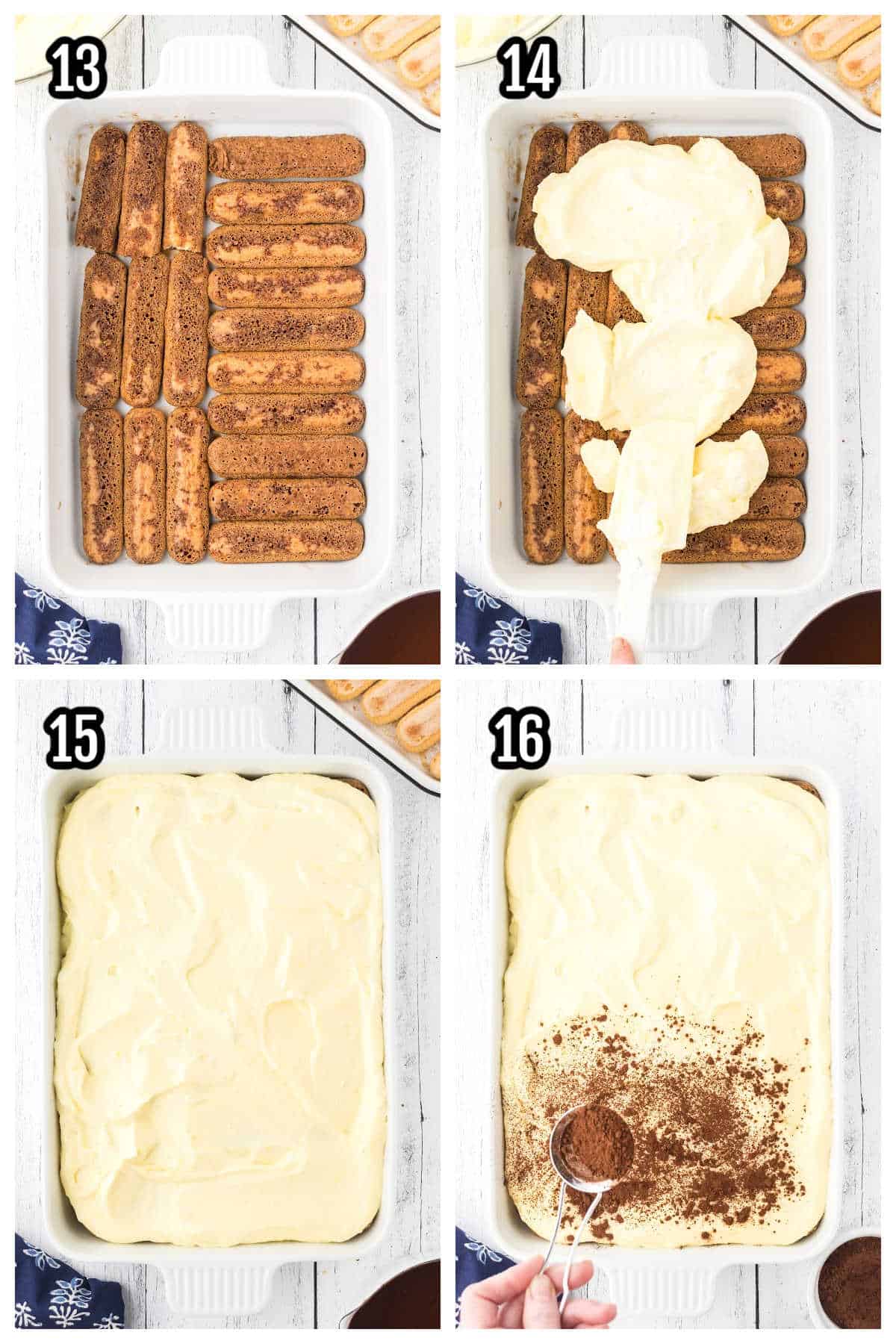 The fourth collage depicts the last four steps to making the coffee-soaked ladyfingers Italian dessert. 
