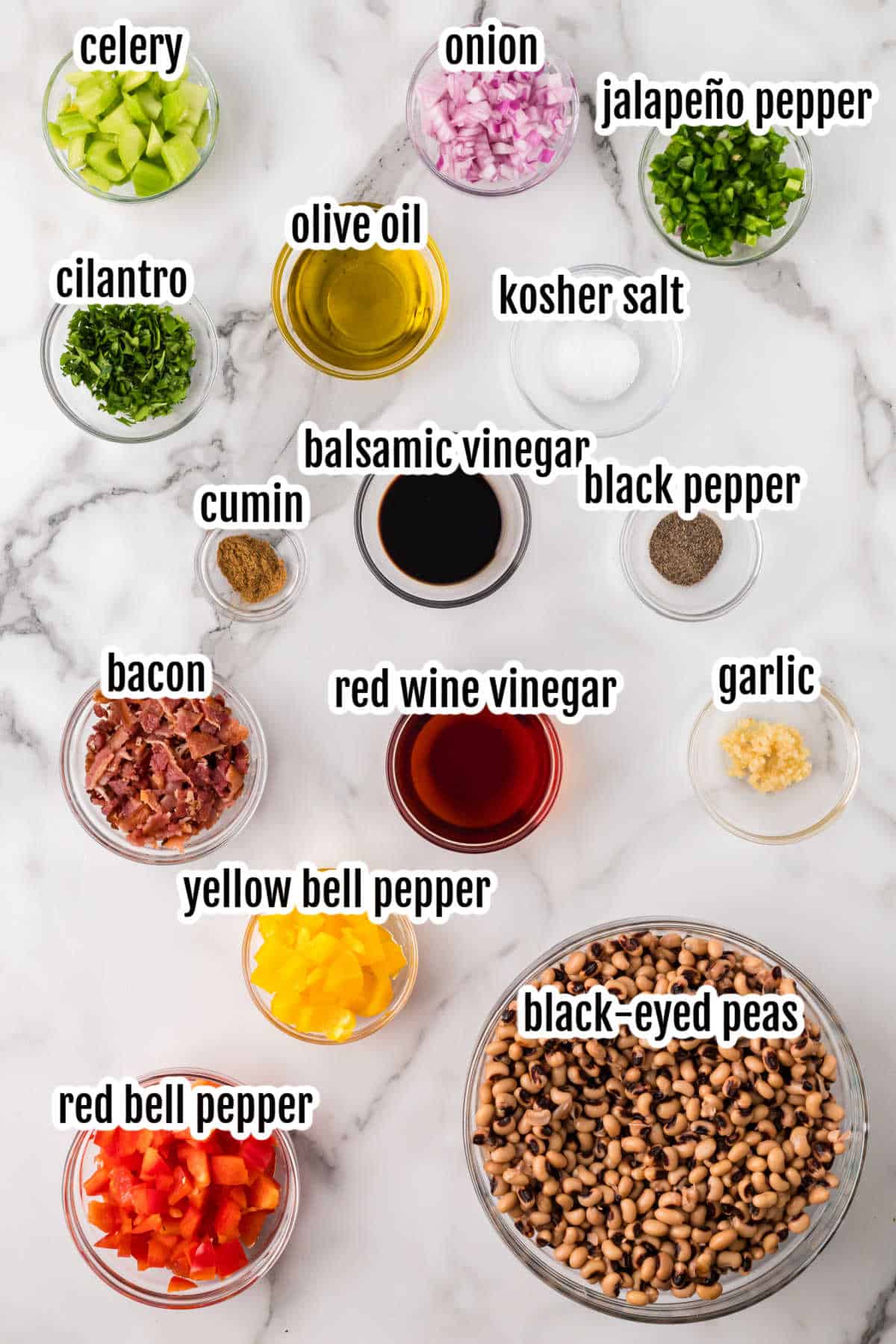Image of the ingredients needed for the marinated black-eyed peas recipe. 
