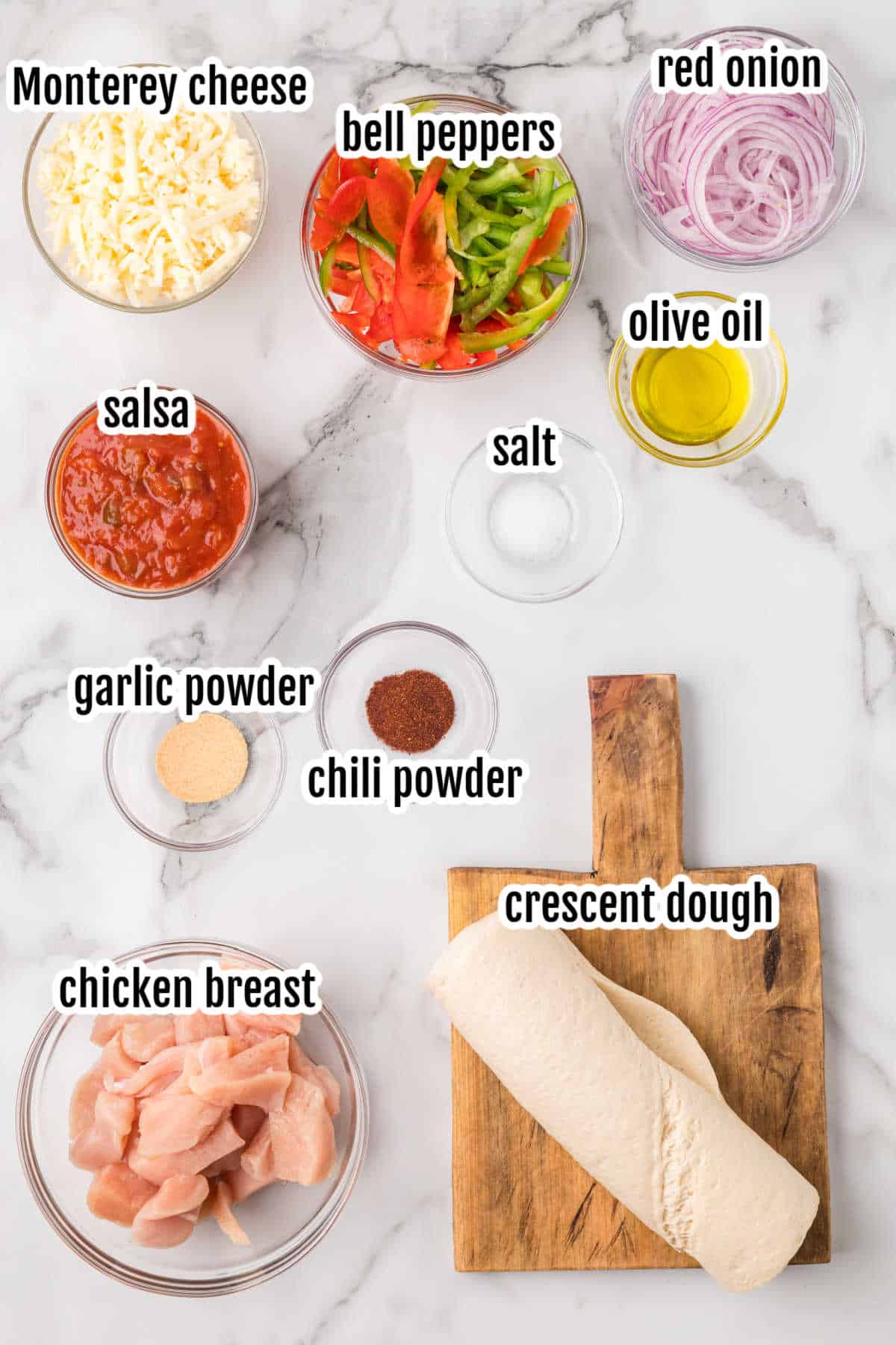 An image of the ingredients needed to make a Mexican chicken Pizza recipe. 