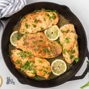 Black cast iron skillet used to make chicken breasts scallopini in butter lemon wine sauce.