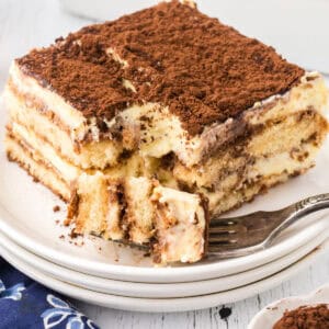 A square of classic tiramisu with a forkful removed.