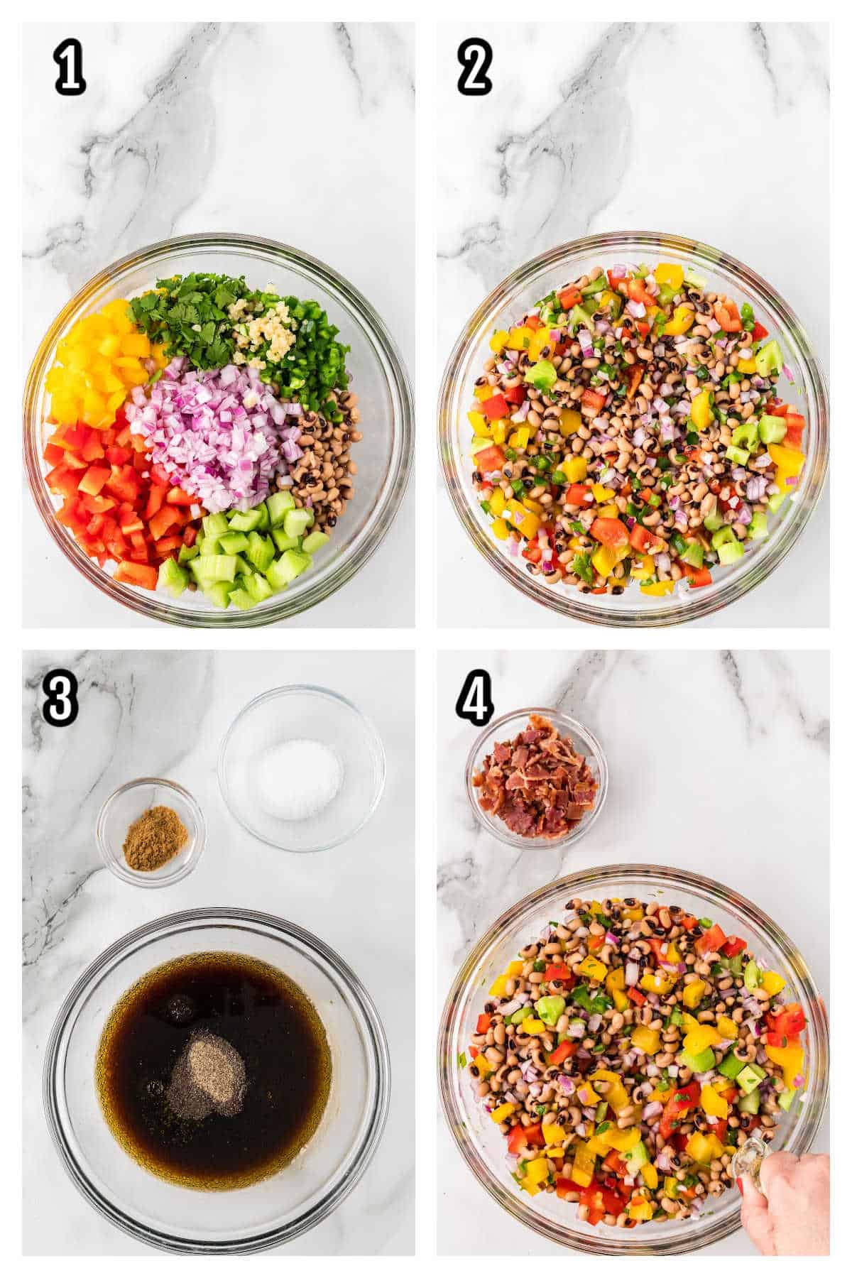The collage features the first four steps to making the marinated pea salad. 