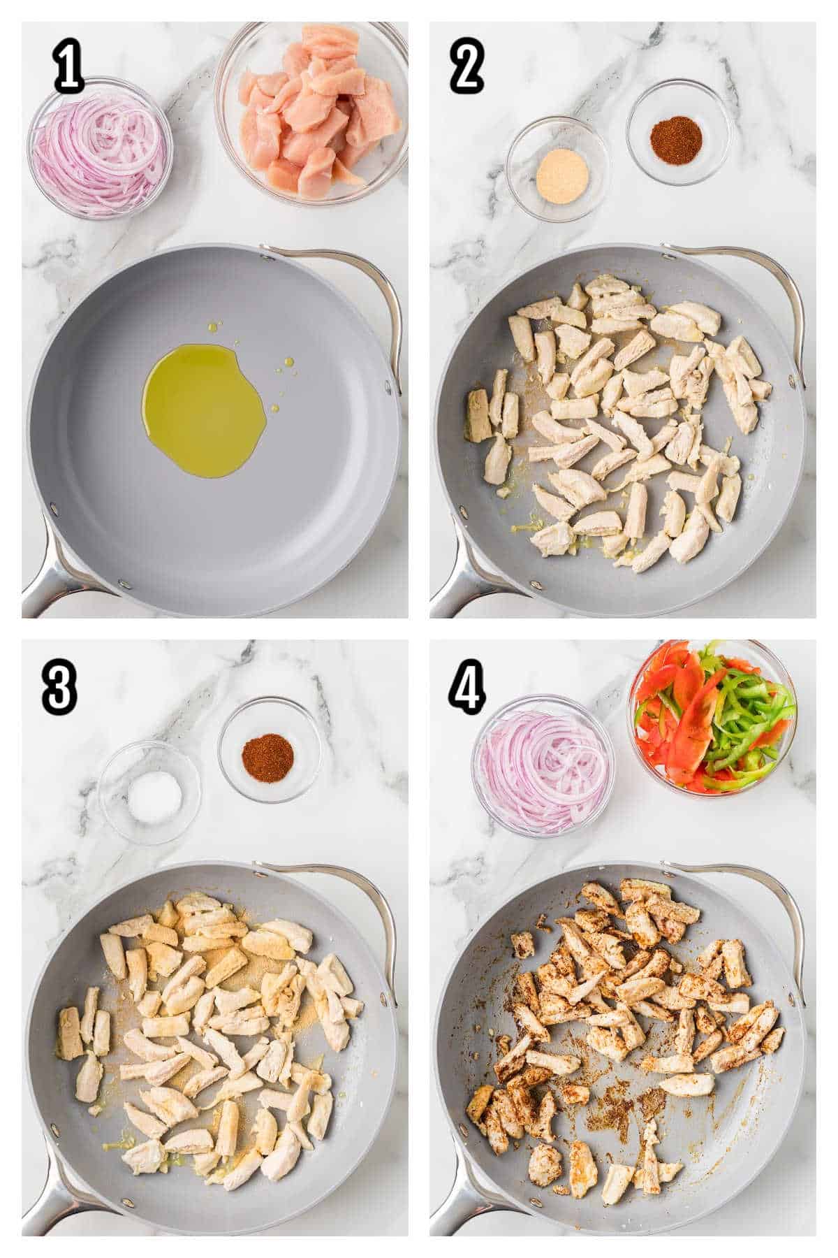 The first collage follows steps one through four of the Chicken Fajita Pizza recipe 