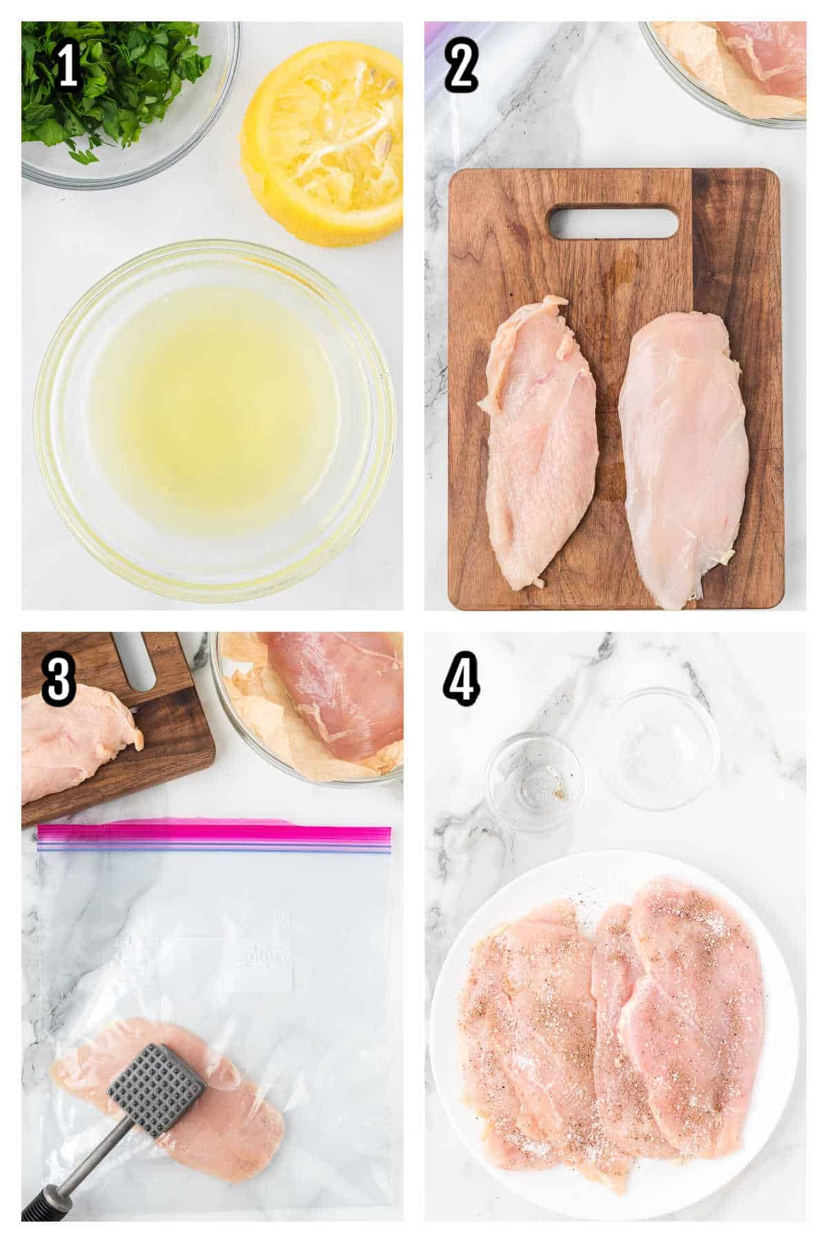 The collage illustrates the first four steps of making the chicken cutlet recipe into a scallopini dish. 