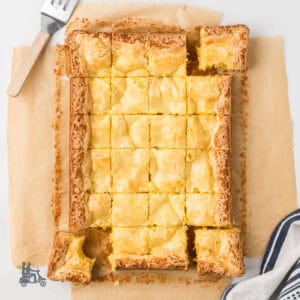 Sweet buttery bars with a chewy base and a sweet cream layer.