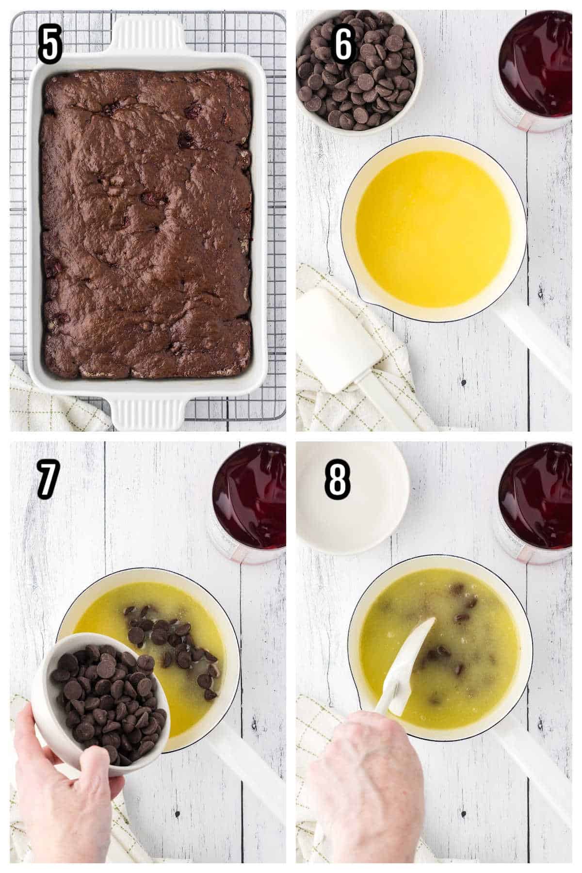 The second collage shows steps five through eight for making the chocolate cherry cake recipe. 