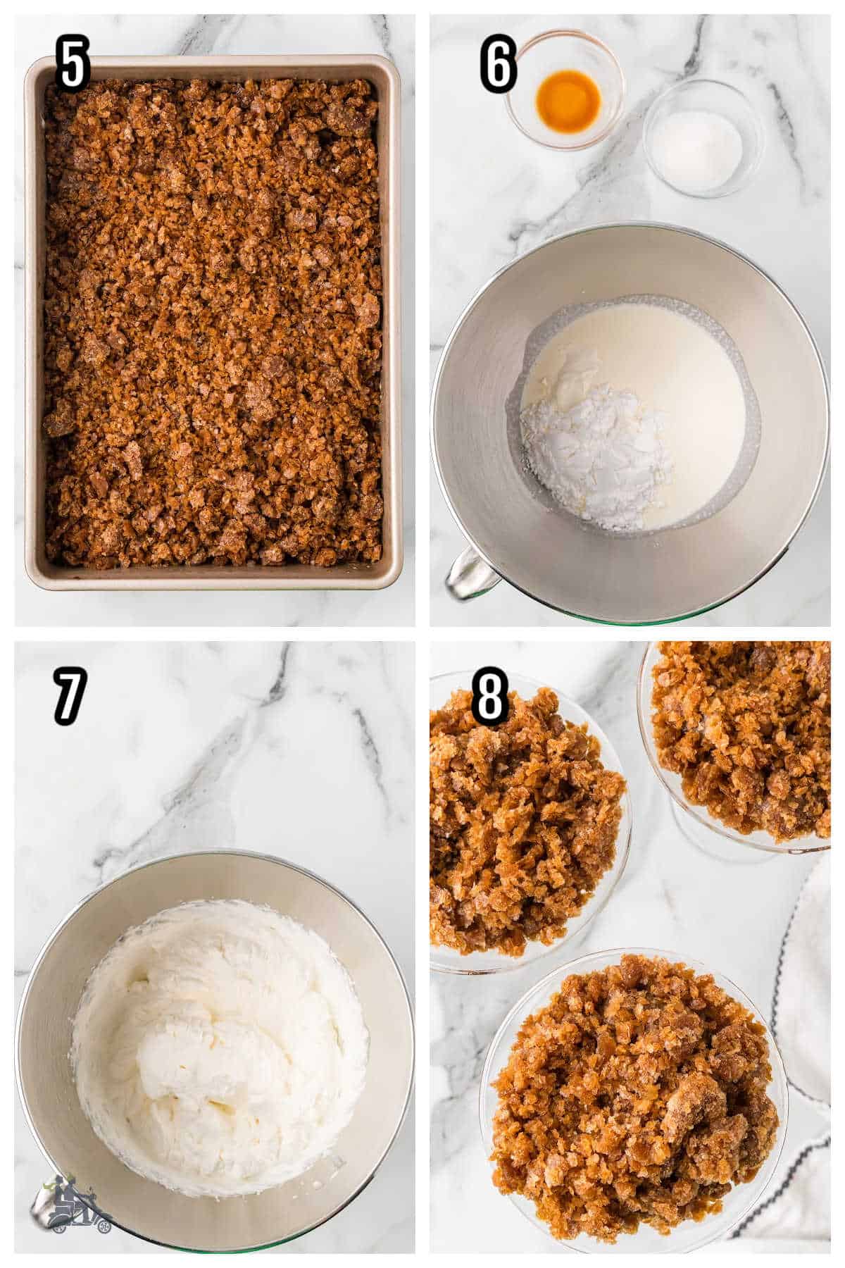 A collage showing the last four steps on how to make frozen coffee granita with sweetened whipped cream. 