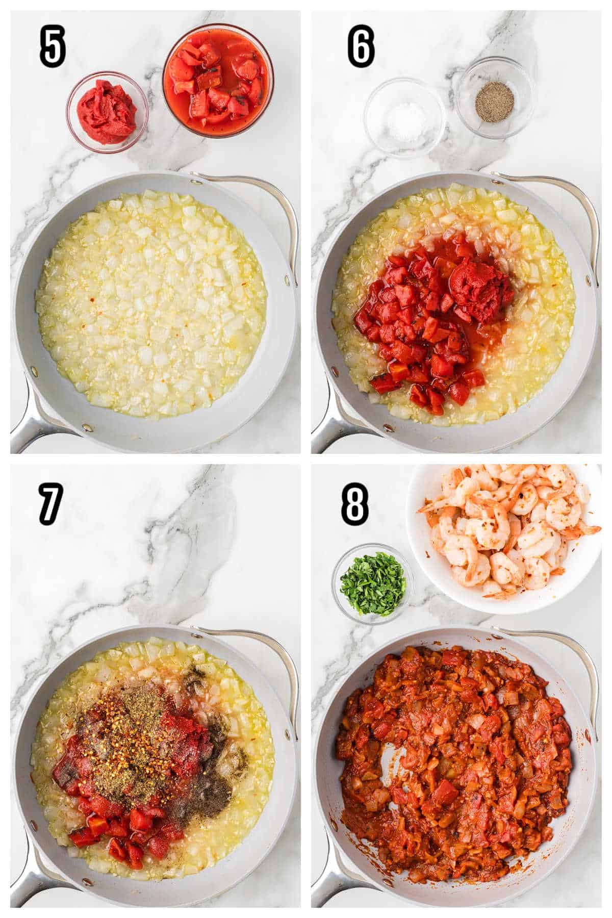 The second collage features steps five through eight for the spicy shrimp recipe.