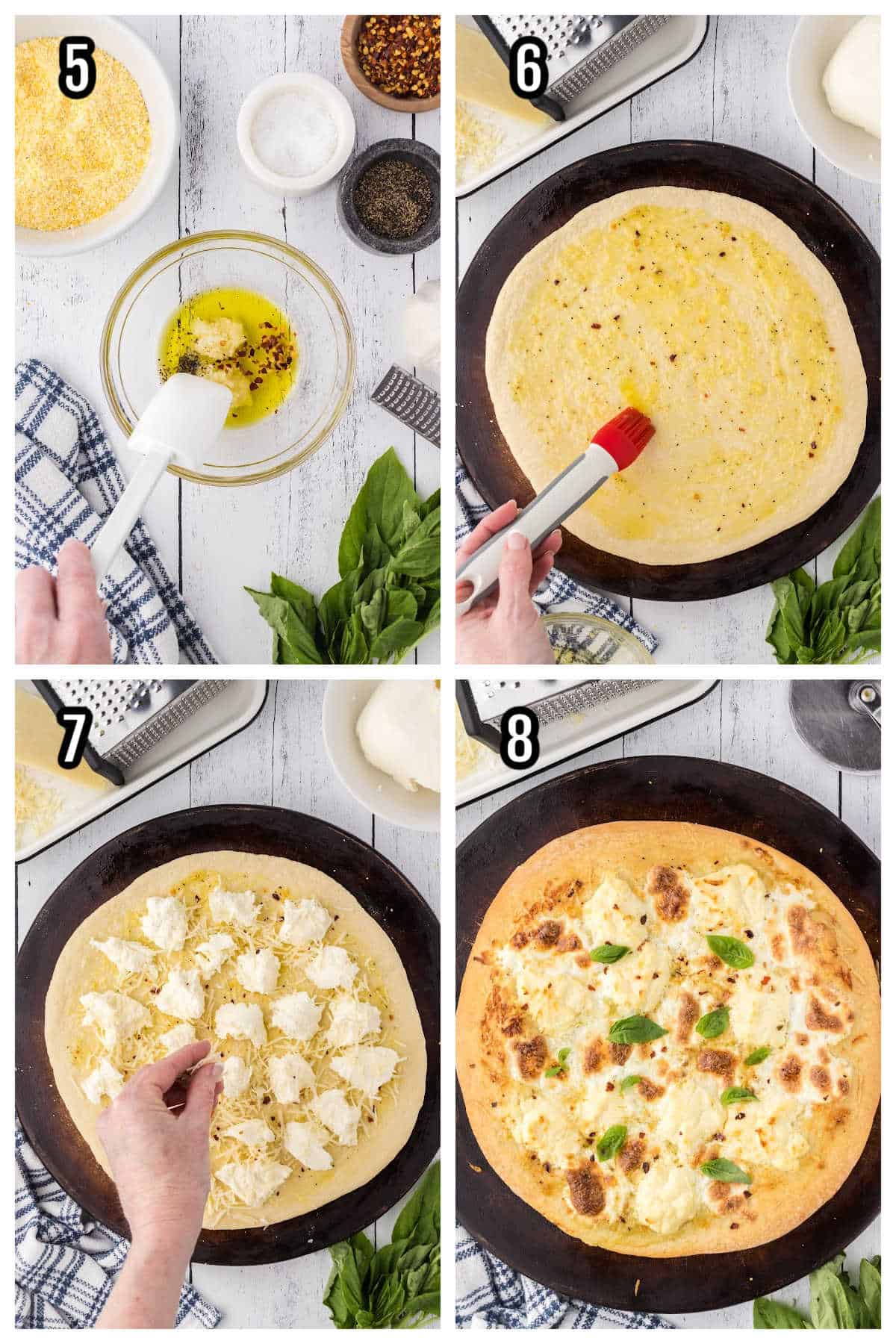 The second collage features steps five through eight to prepare the white pizza. 