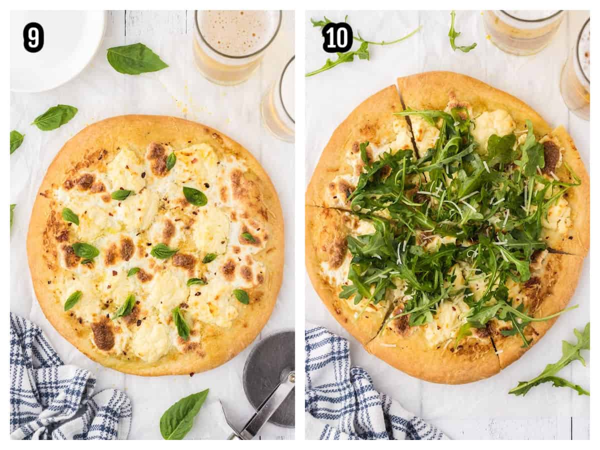 The third collage shows the finished white pizza, one with basil leaves on top and the other with arugula sprinkled over it. 