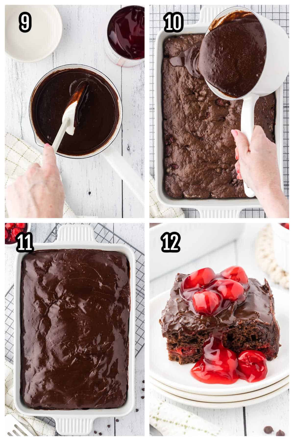 The third collage features the final steps of icing the cherry chocolate cake with chocolate ganache frosting. 