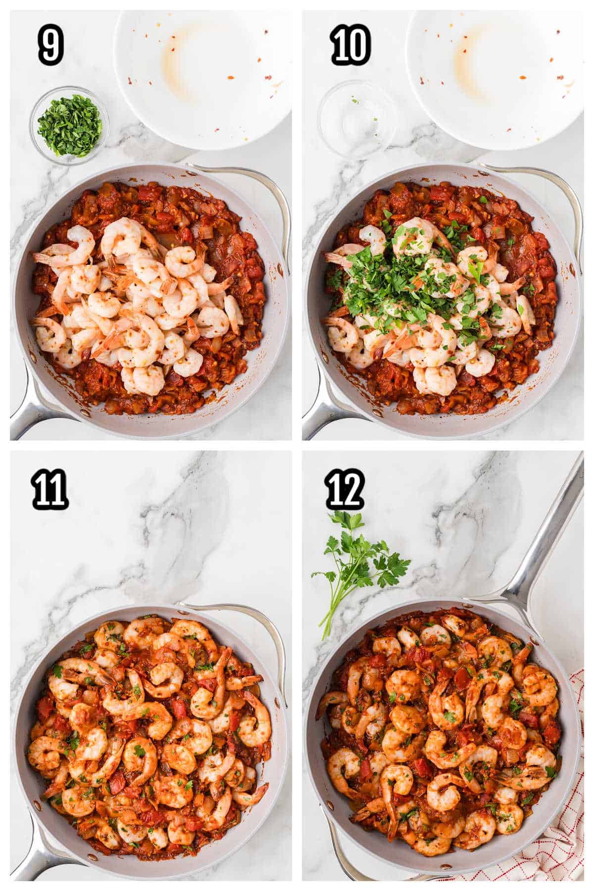 The third collage shows steps nine through twelve for cooking the fra diavolo shrimp recipe. 