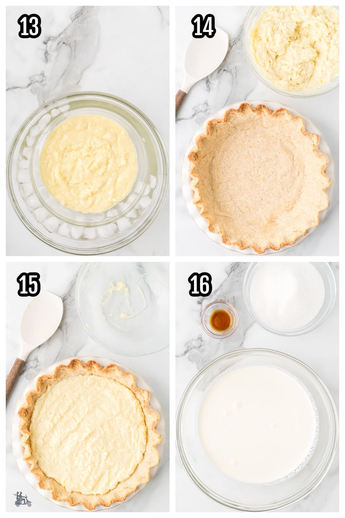 A fourth collage continues the steps to fill the Coconut Cream Pie.
