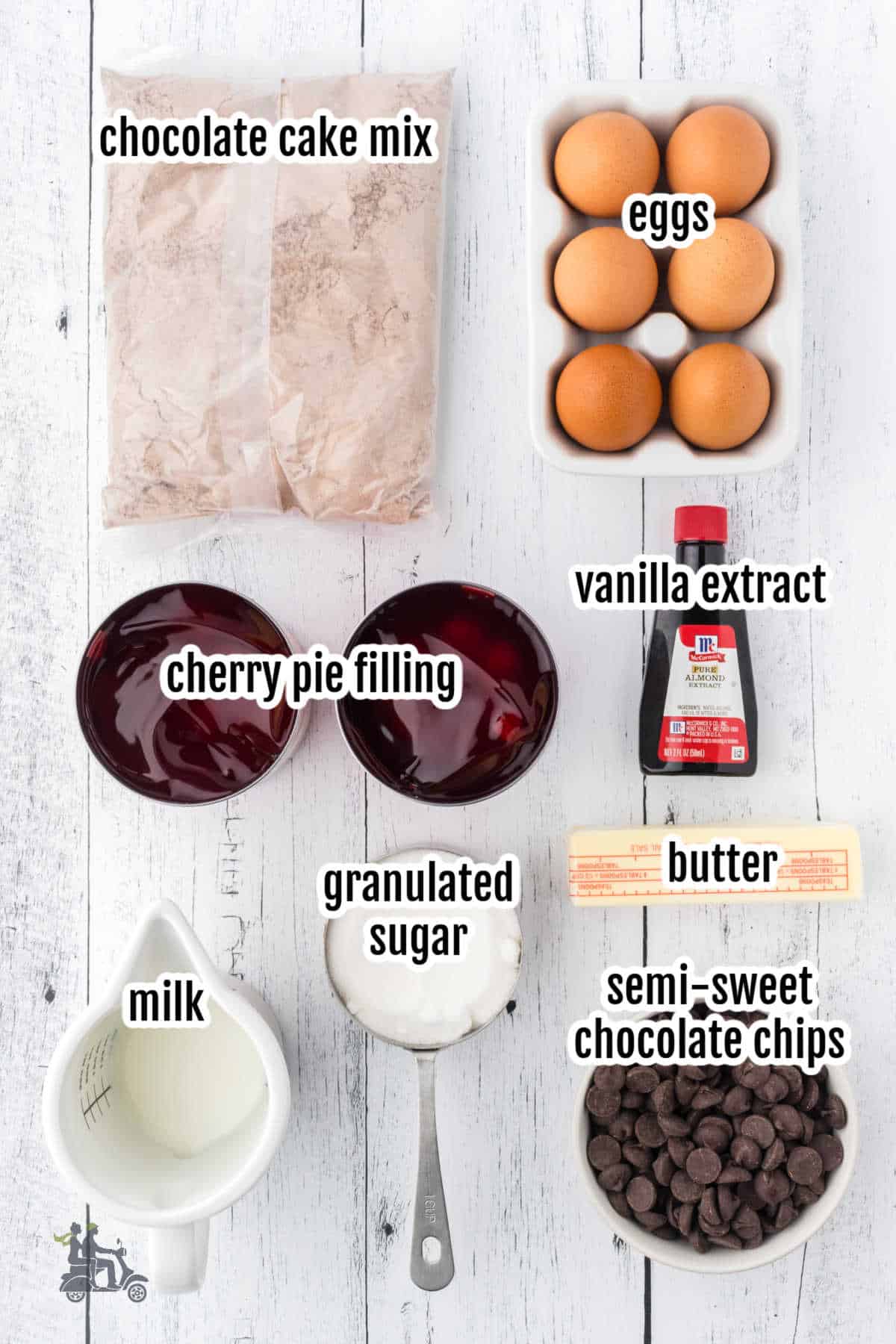 Image of the ingredients needed to make the chocolate cherry cake recipe. 