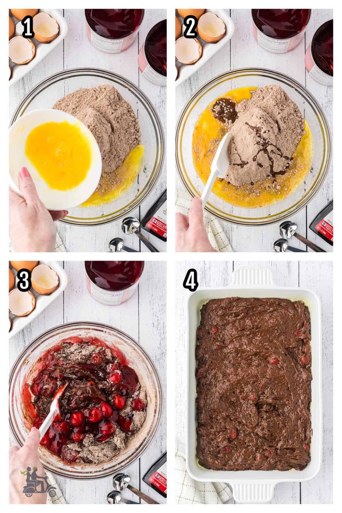 Collage number one with the first four steps to making the chocolate cake with cherry pie filling. 