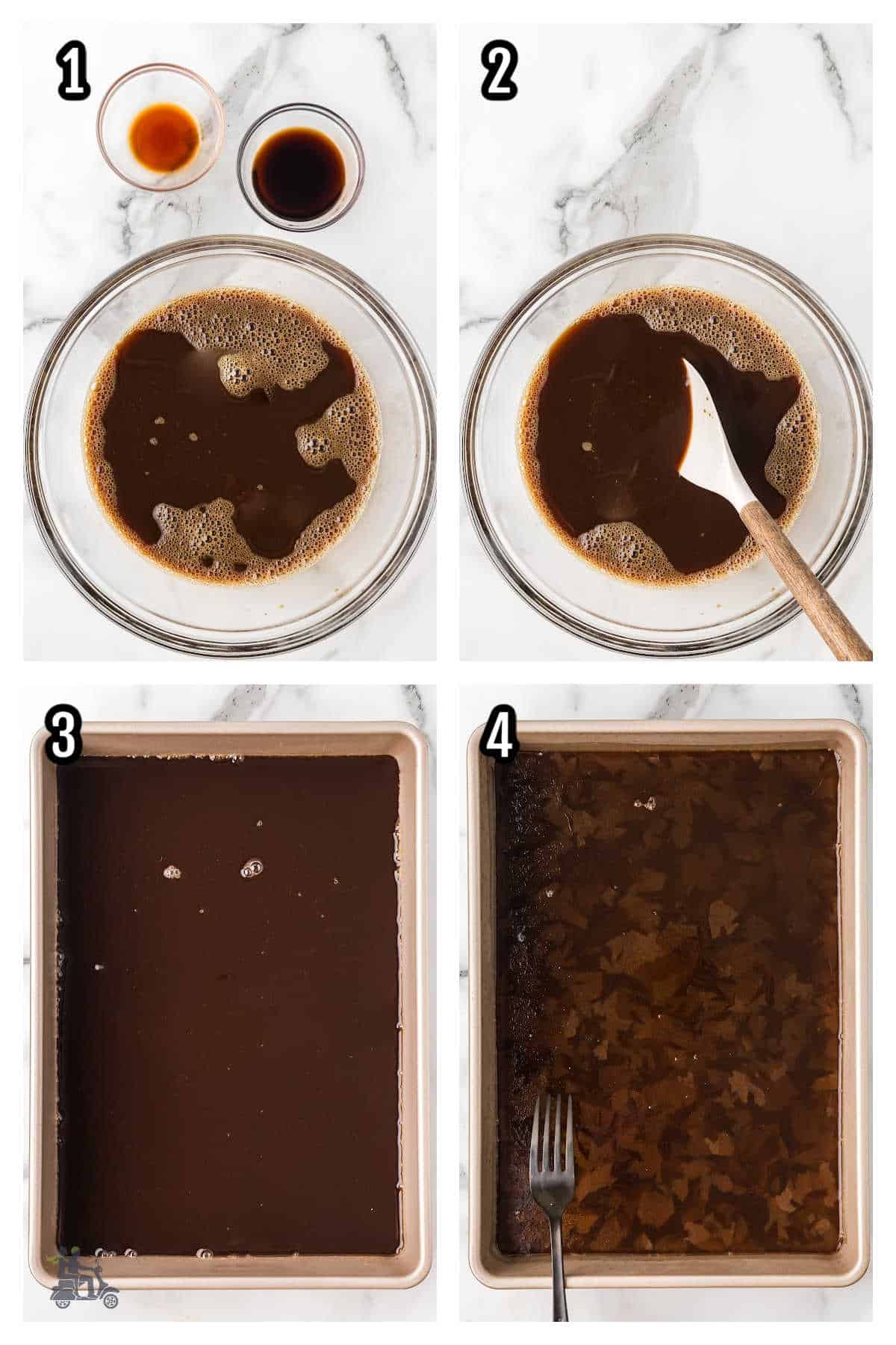 A collage showing the first four steps on how to make coffee granita. 