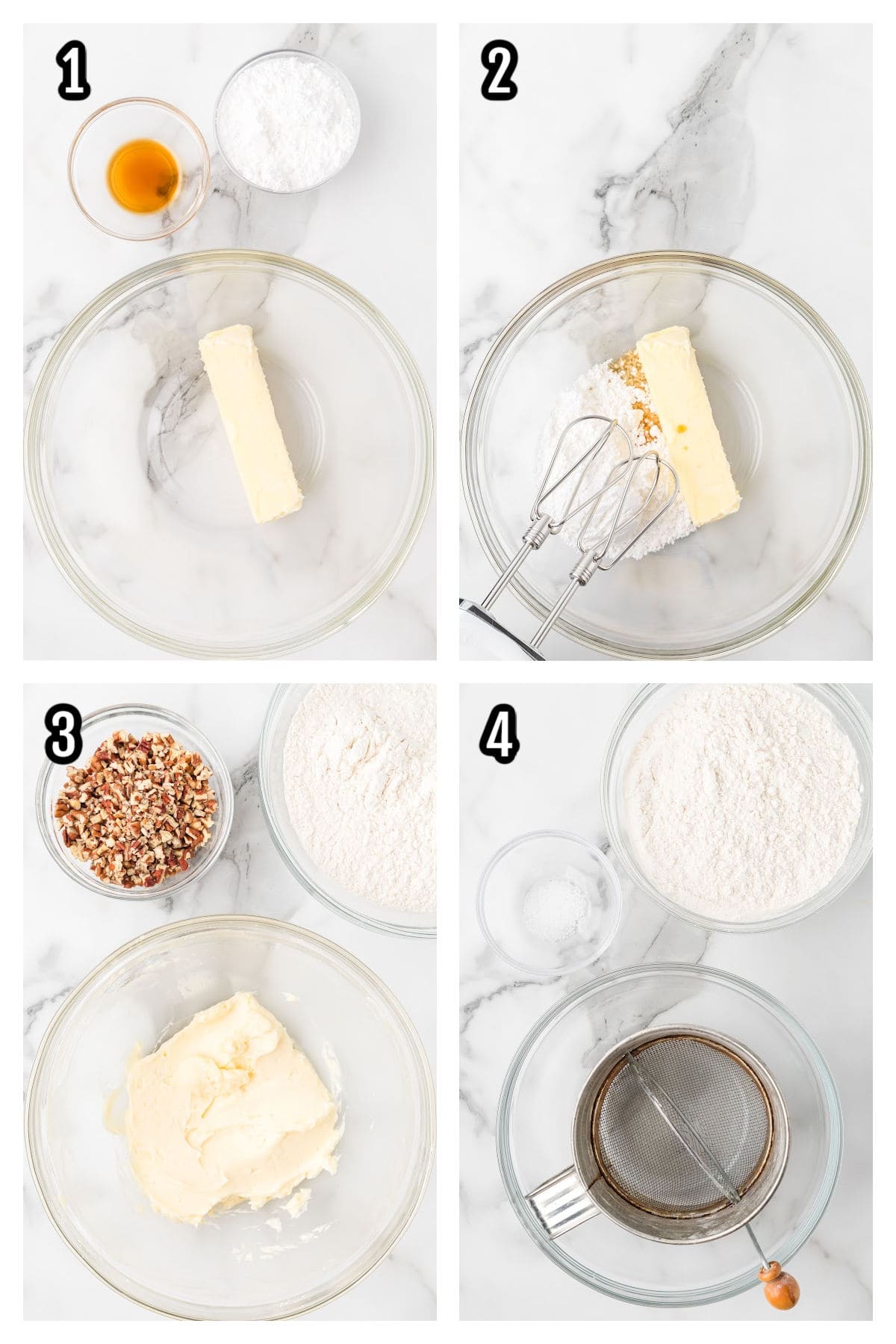 First collage features the first four steps to making the Italian wedding cookies recipe. 