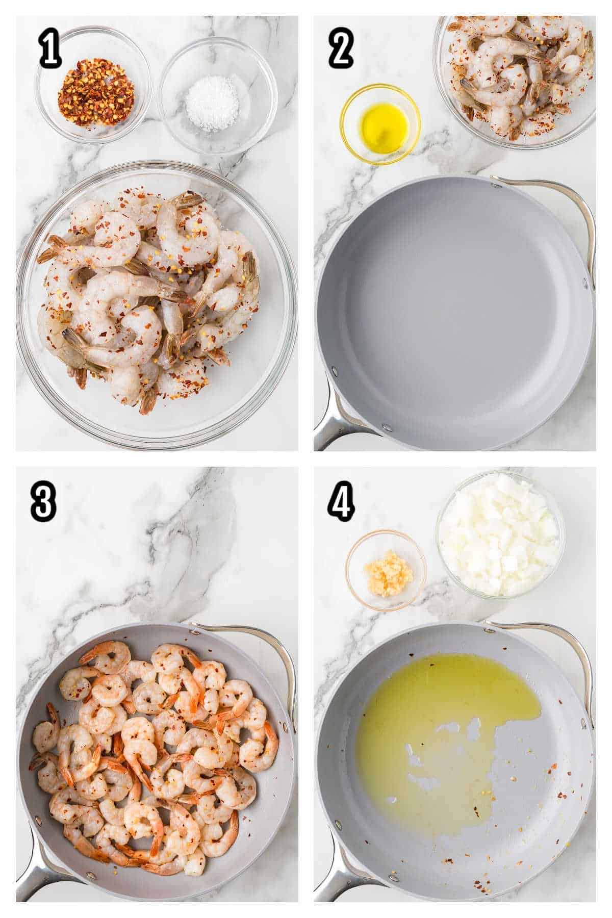 A collage of the instructions for the first four steps of the Spicy Shrimp Fra Diavolo recipe. 