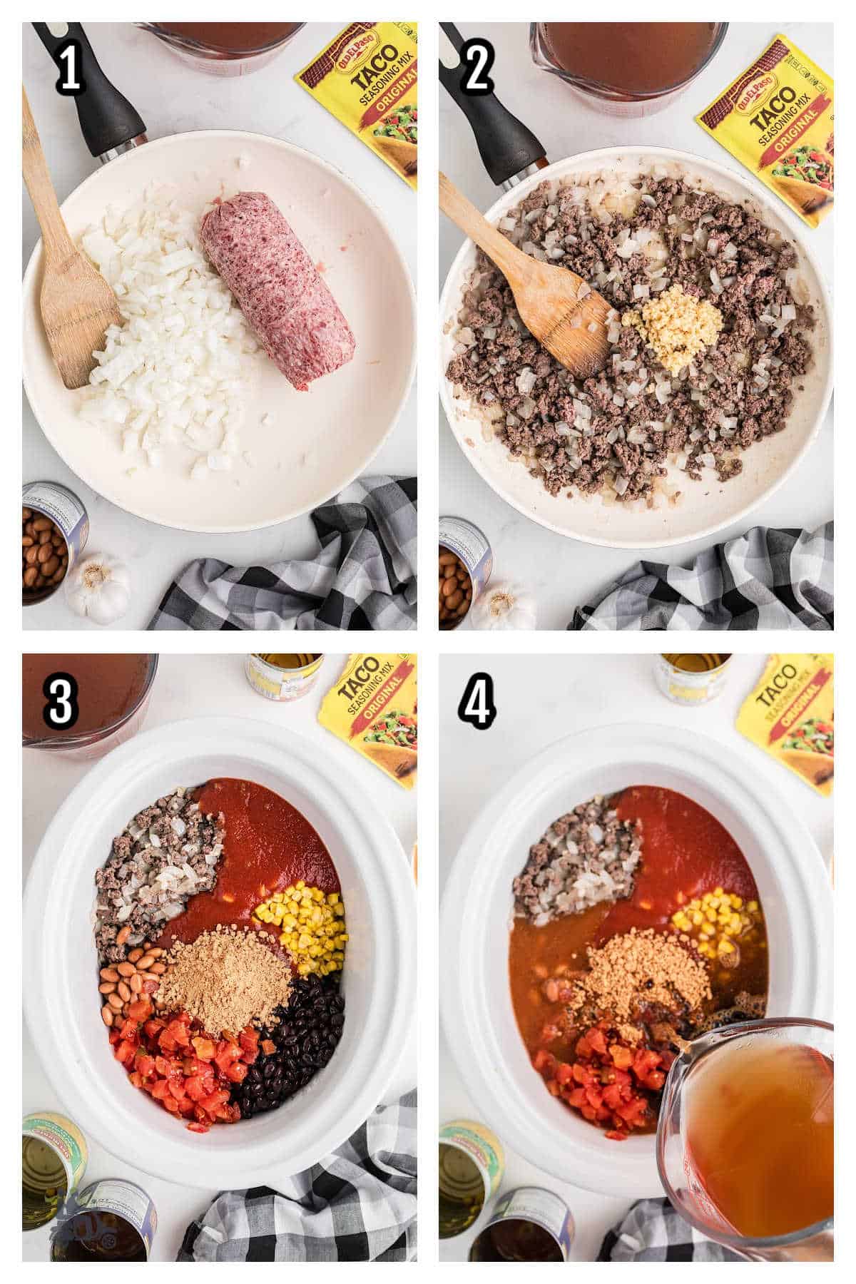 A collage of the first four steps for making taco soup in the slow cooker. 