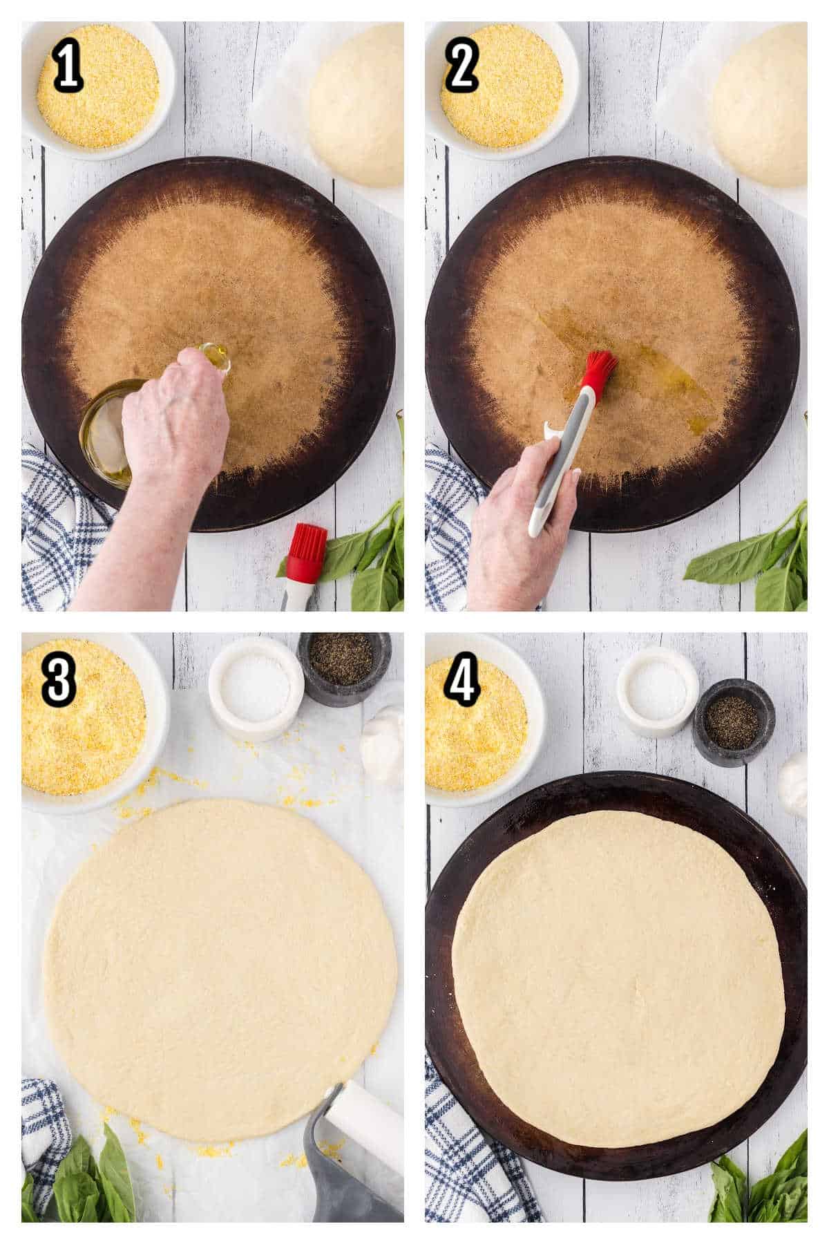 A collage features the first four steps to preparing a white pizza in a cast iron skillet. 