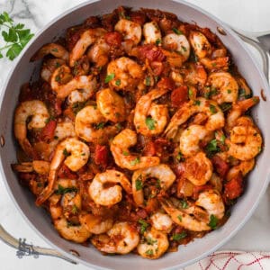 The Shrimp Fra Diavolo recipe is made in one skillet with hot red pepper flakes to make it spicy.