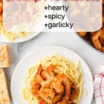 Another Pinterest image with a title overlay features Shrimp fra Diavolo over spaghetti.