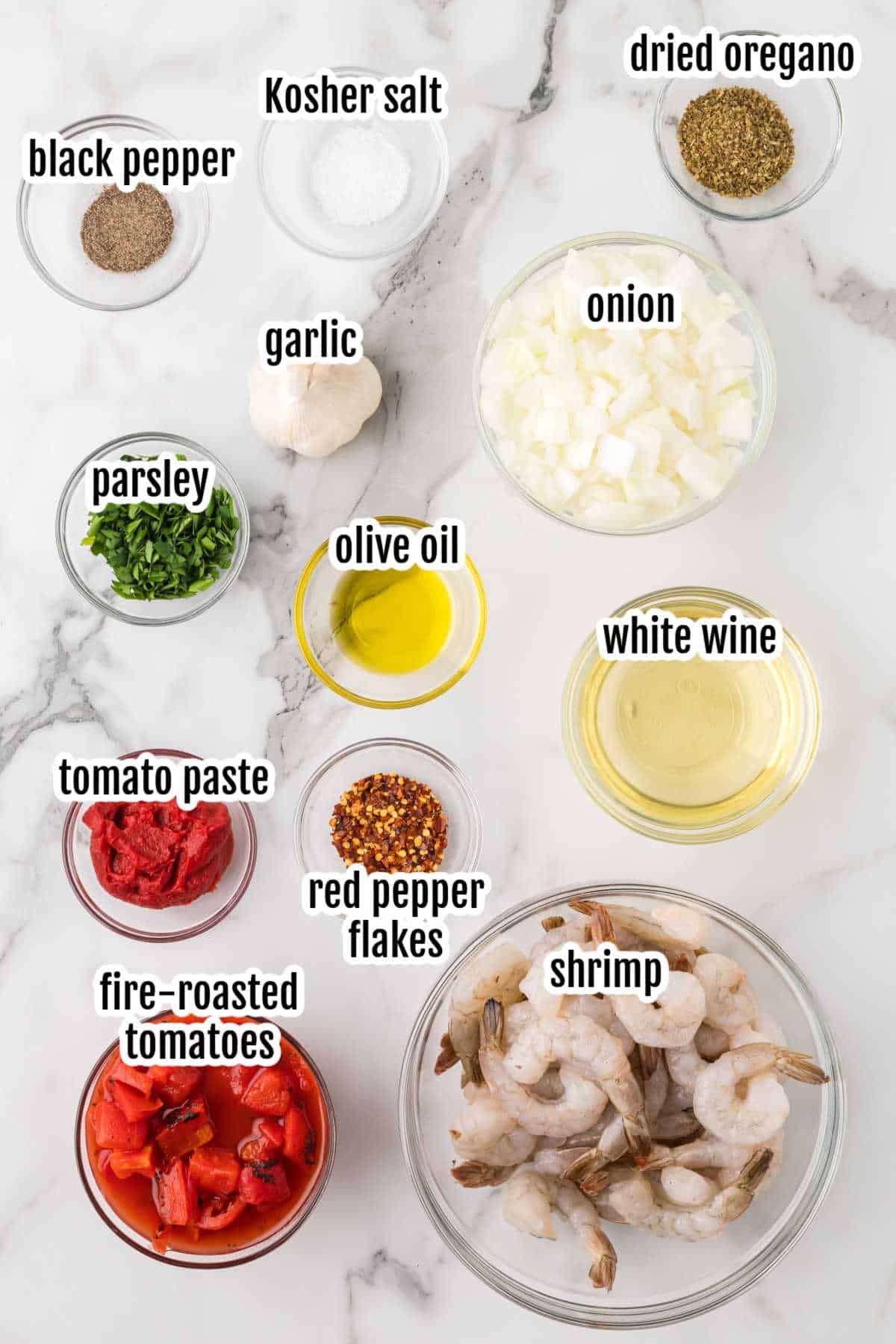 Image of the ingredients needed to prepare the Shrimp Fra Diavolo Recipe. 