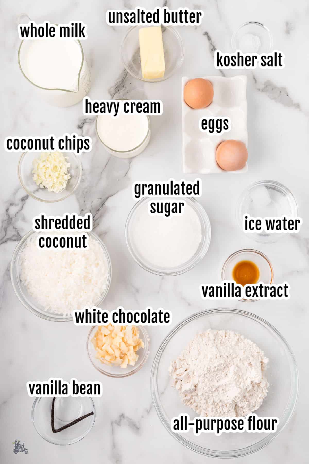 Ingredients necessary to make the layered coconut cream pie with coconut flavor in each layer.