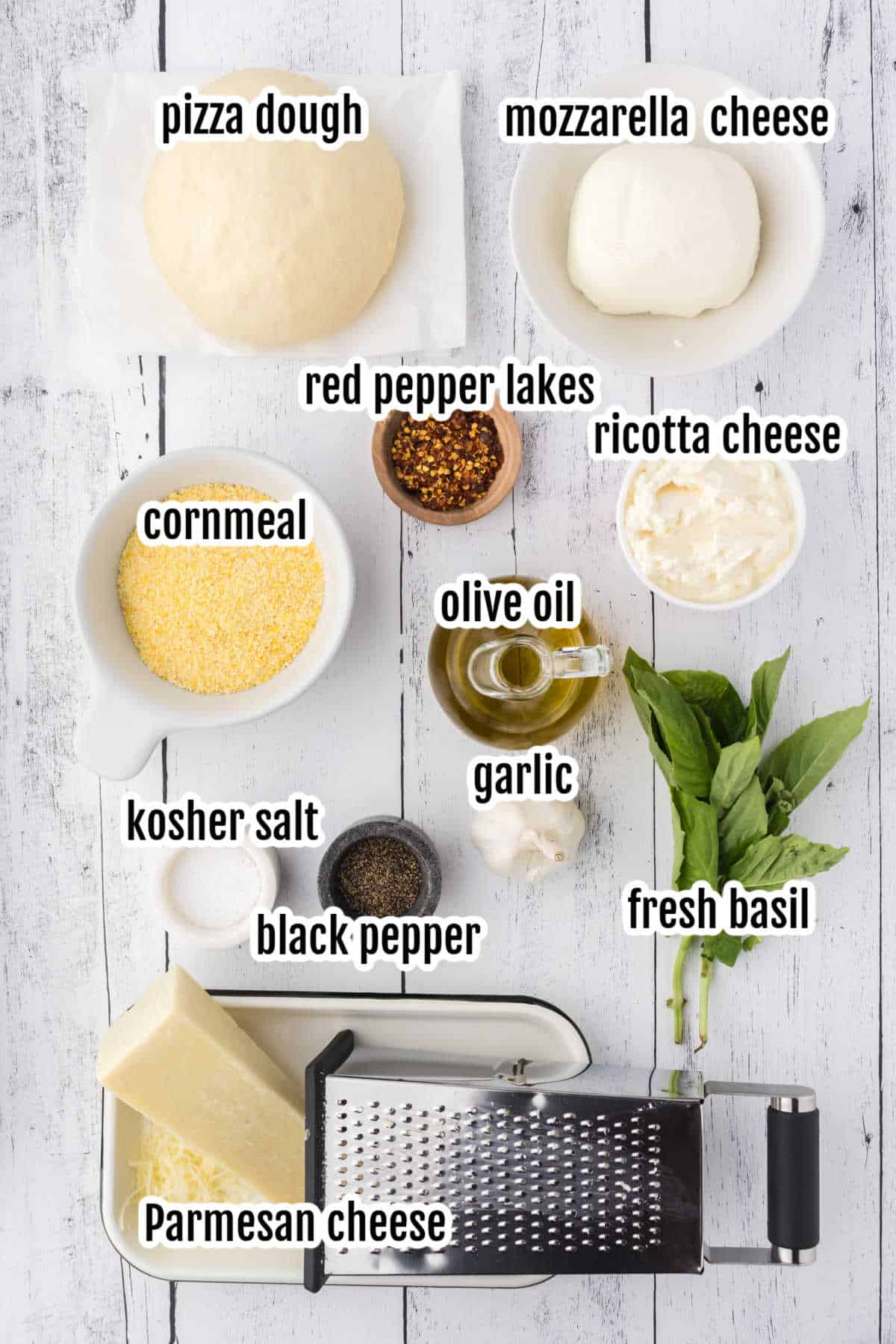 Image of the ingredients needed to make a Pizza without tomato pizza sauce. 