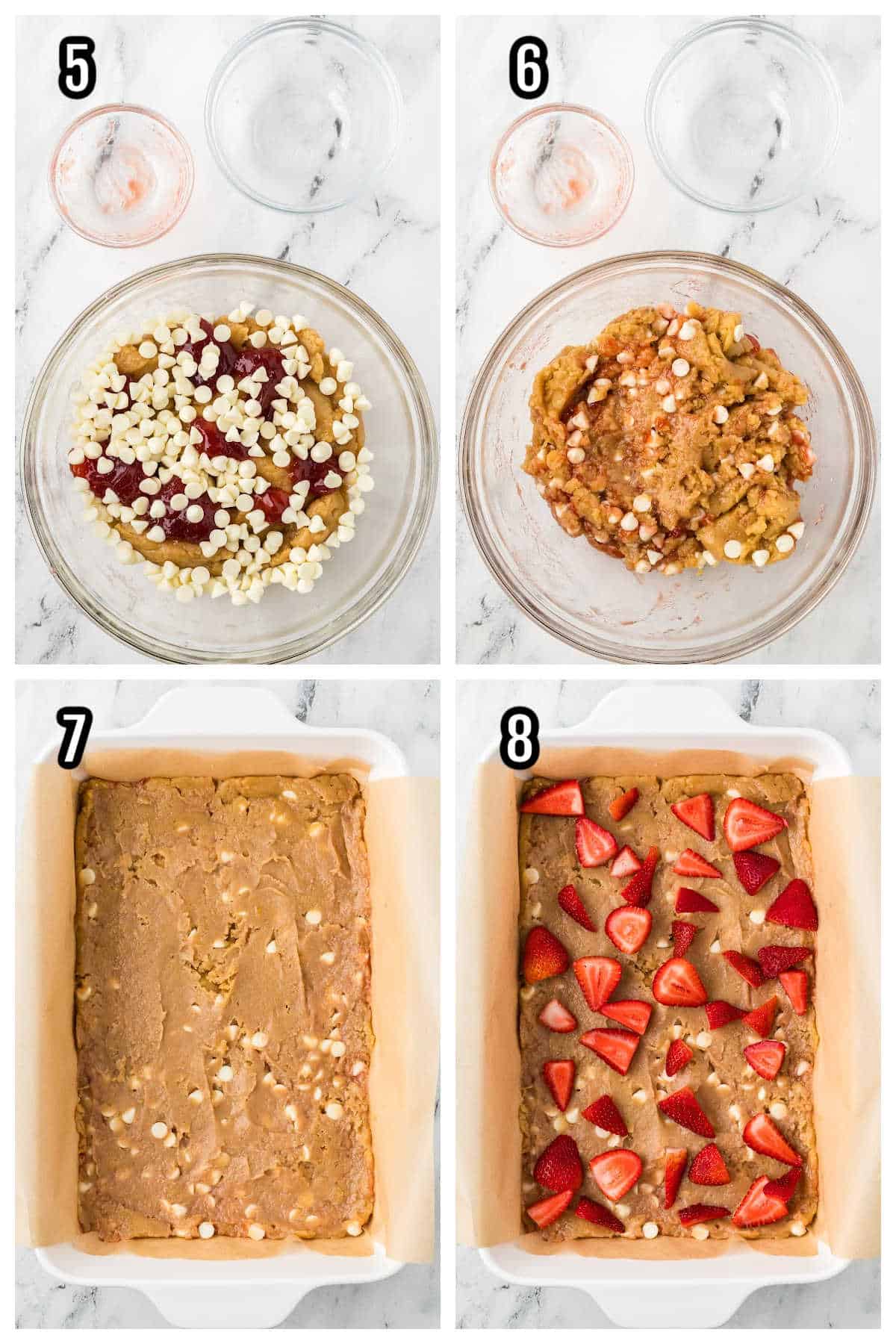 The second collage depicts steps five through eight to making the strawberry blondies' dessert. 