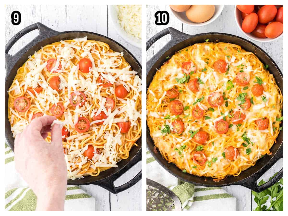 Collage number three shows the last two steps to cooking and presenting the final leftover pasta frittata. 