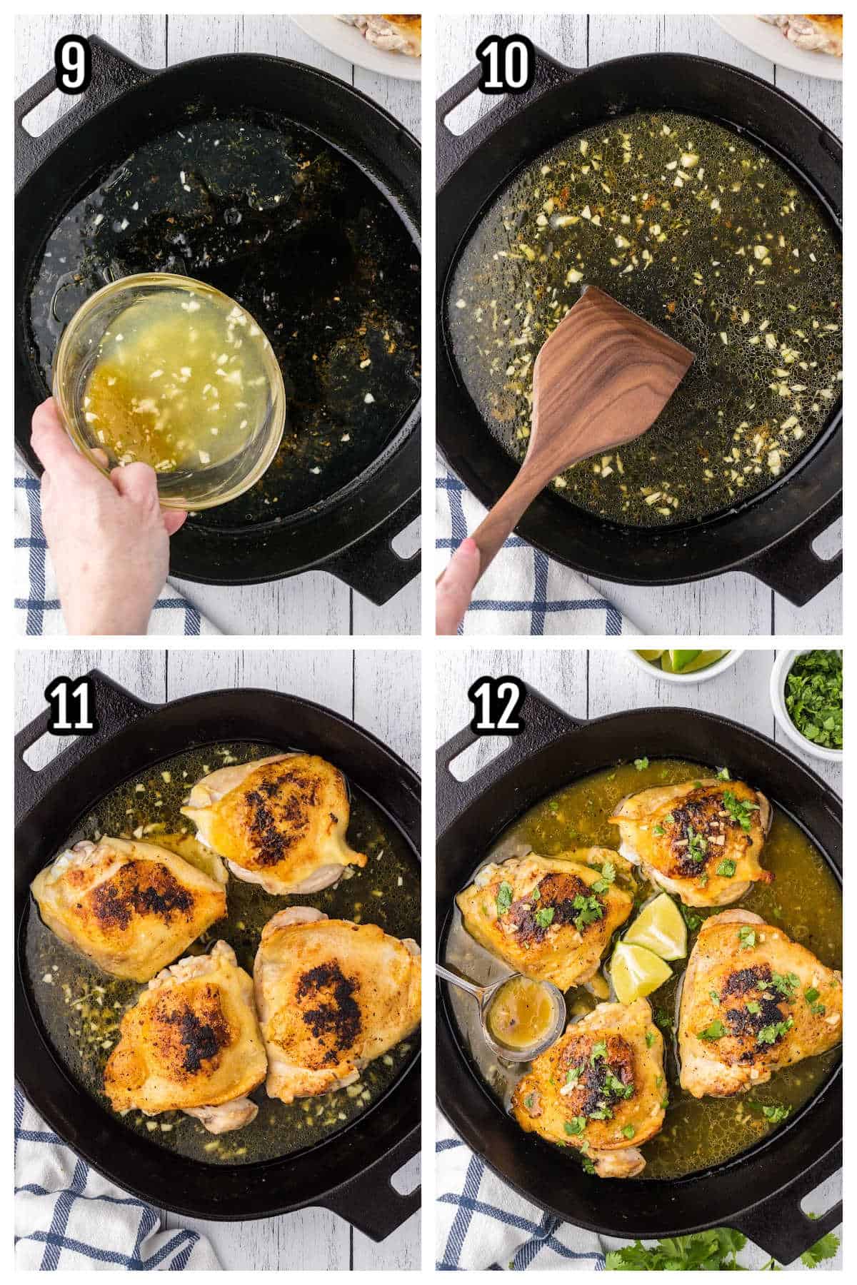 The third collage features the final four steps to baking and finishing the marinated bone-in chicken thighs.