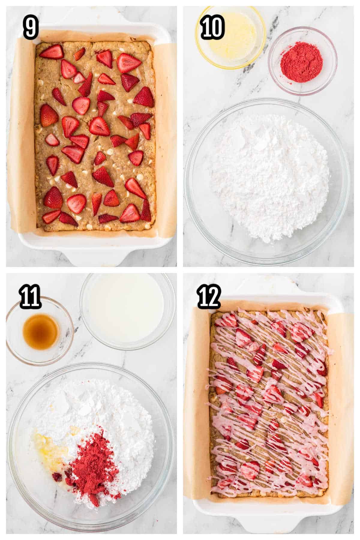 The third collage shows steps nine through twelve to finish the white chocolate blondies by drizzling the bar cookies with white glaze. 