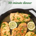 A Pinterest image with a title overlay of Chicken Scallopini in a lemon butter sauce.