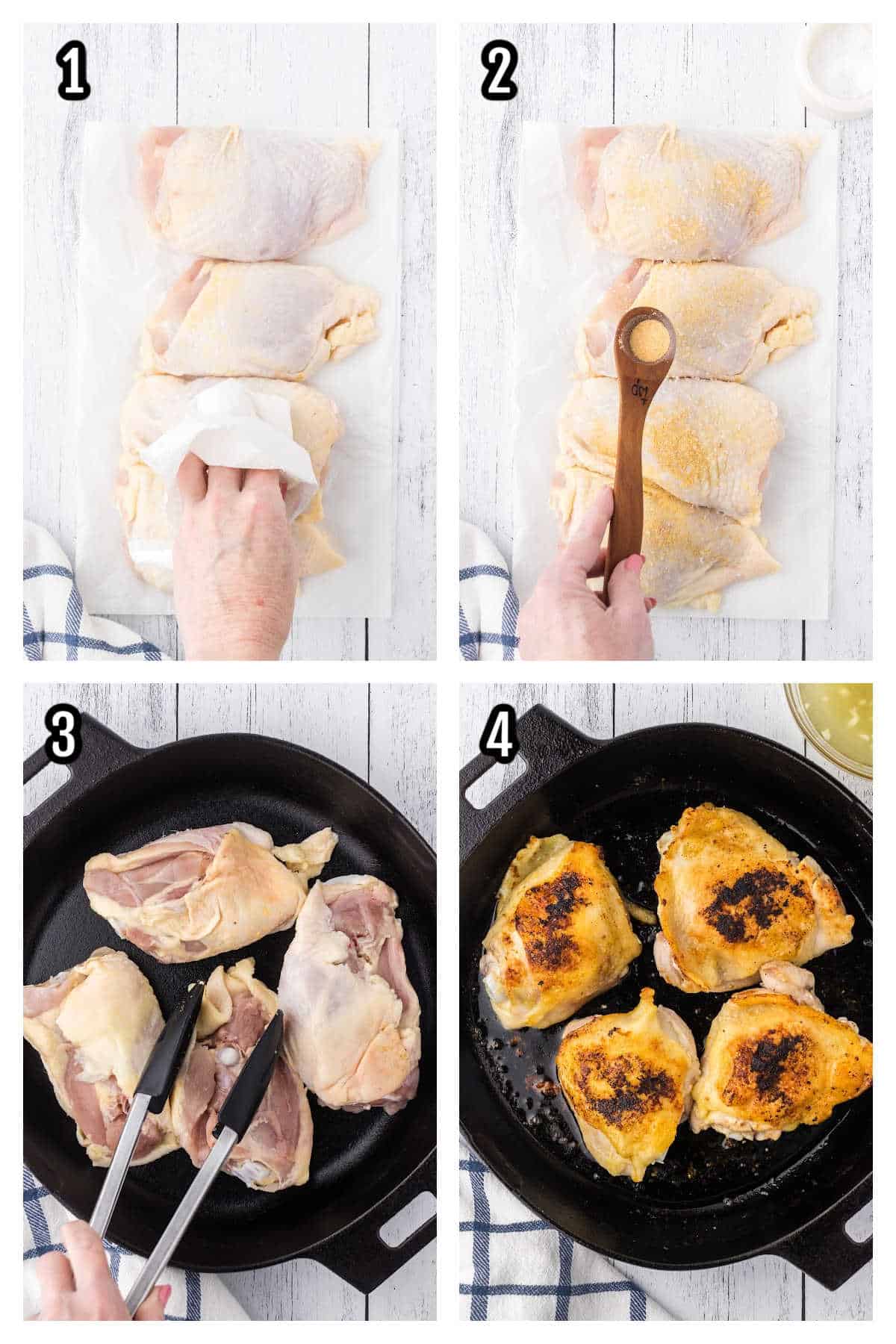 This is a collage of the first four steps to preparing and starting the recipe for the chicken thighs, Marinated with honey, lime, and garlic. 