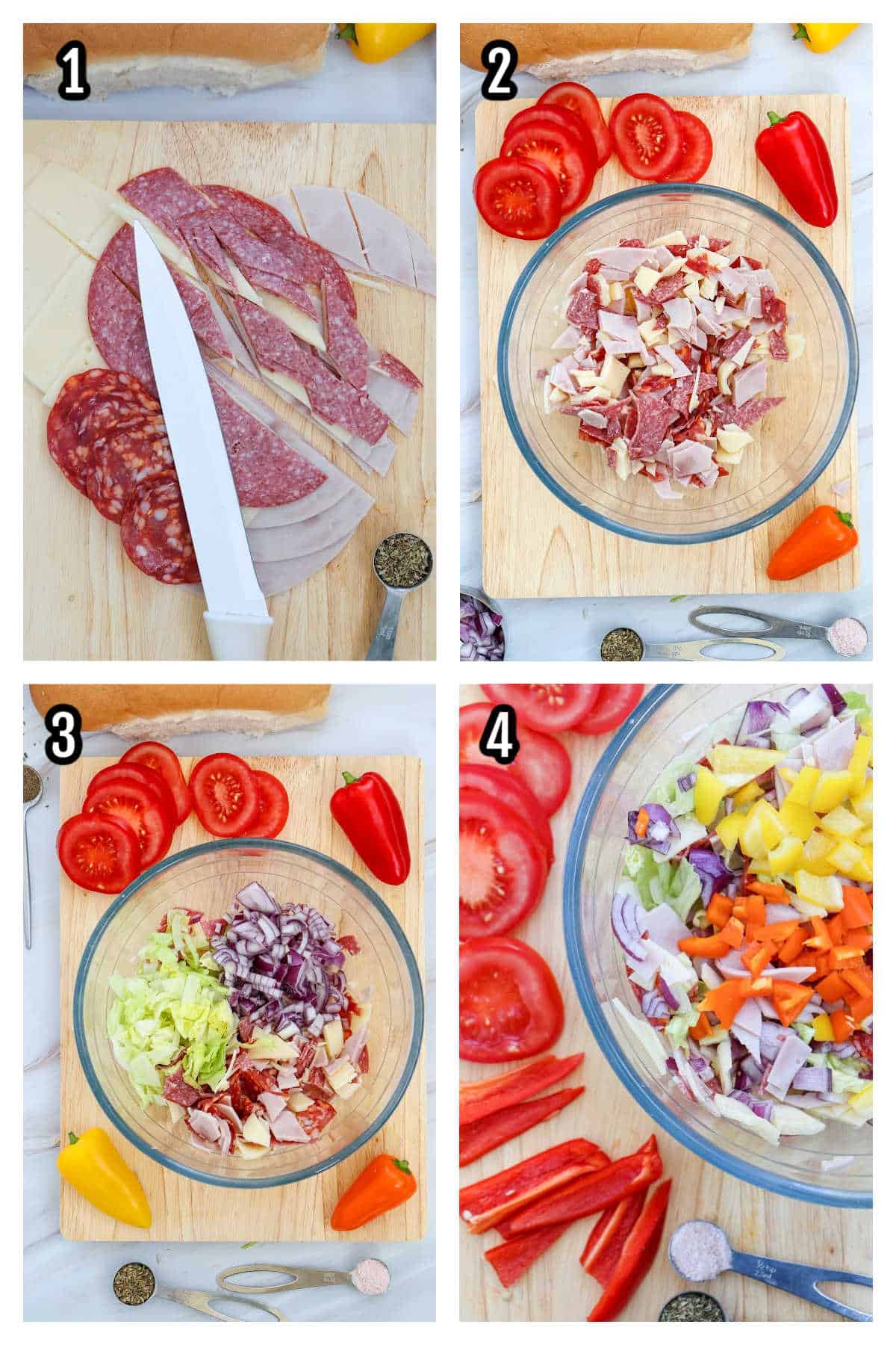 A collage of the first four steps to making the Chopped Italian Salad filling for the sub sandwiches. 
