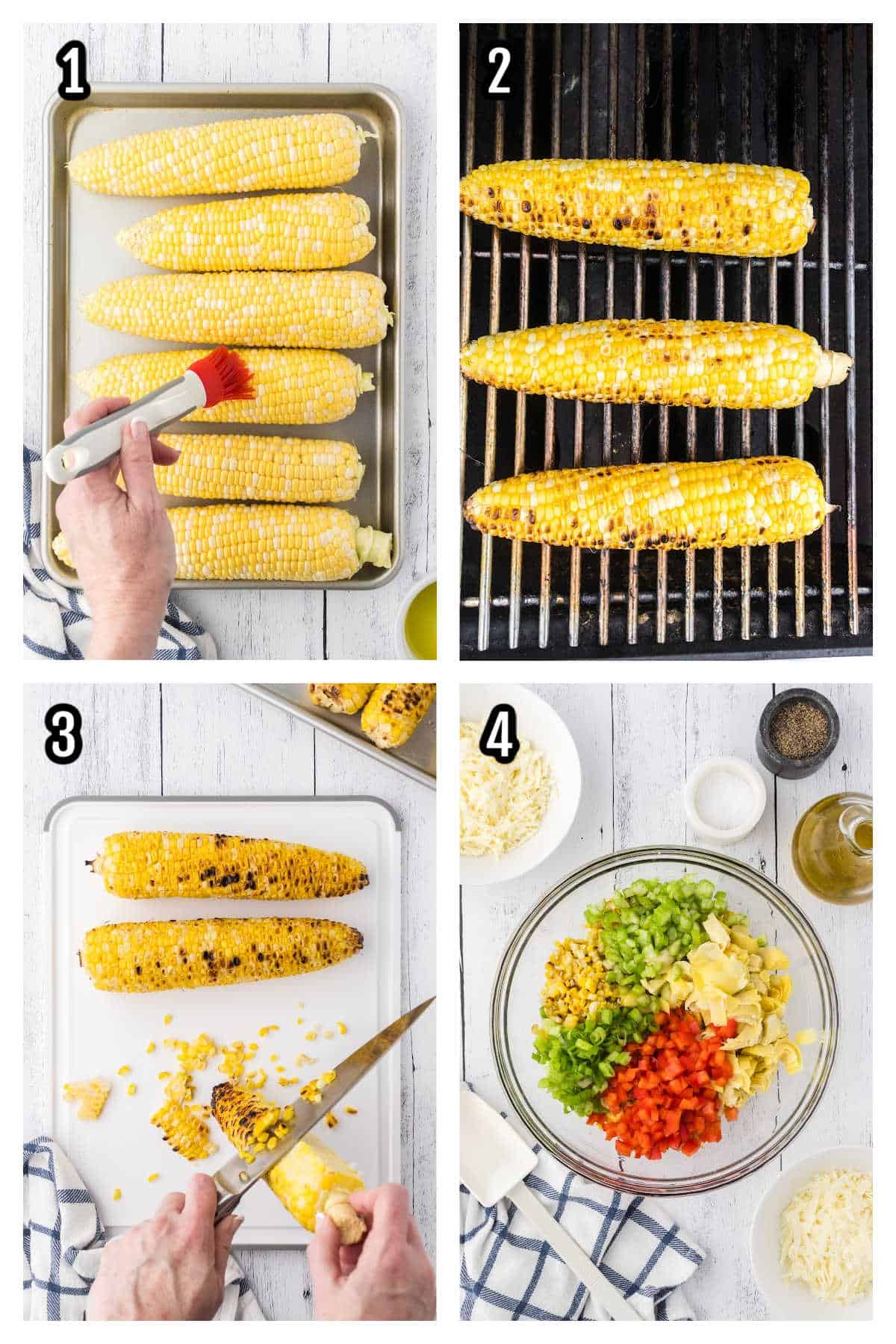 A Collage featuring the first four steps to making the corn salad with Italian flavoring and a lemon vinaigrette. 