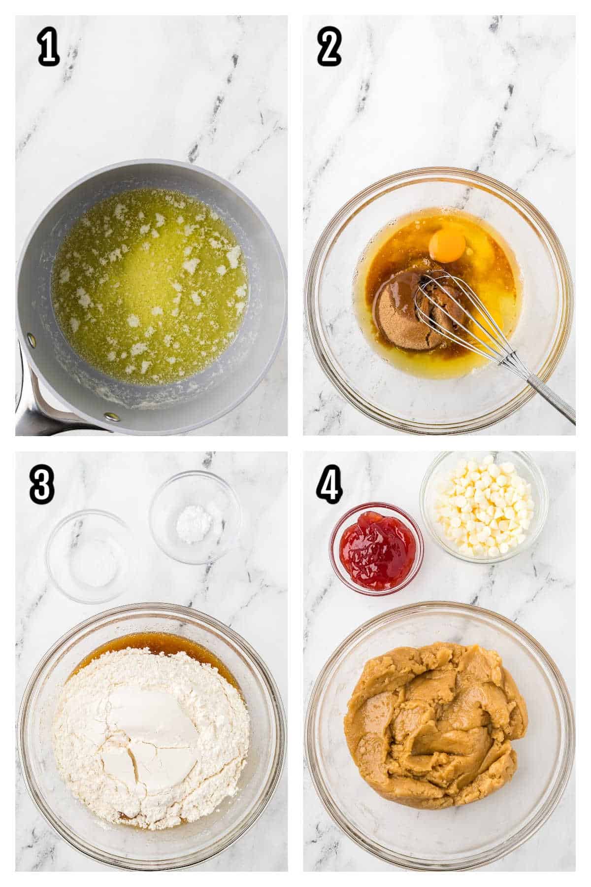 The first collage shows the four steps to making strawberry blondies with white chocolate. 