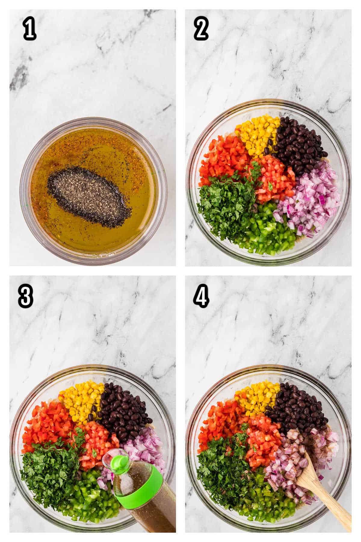 A collage showing the four steps to making the Tuna Rice Salad with a Tex-Mex flair. 