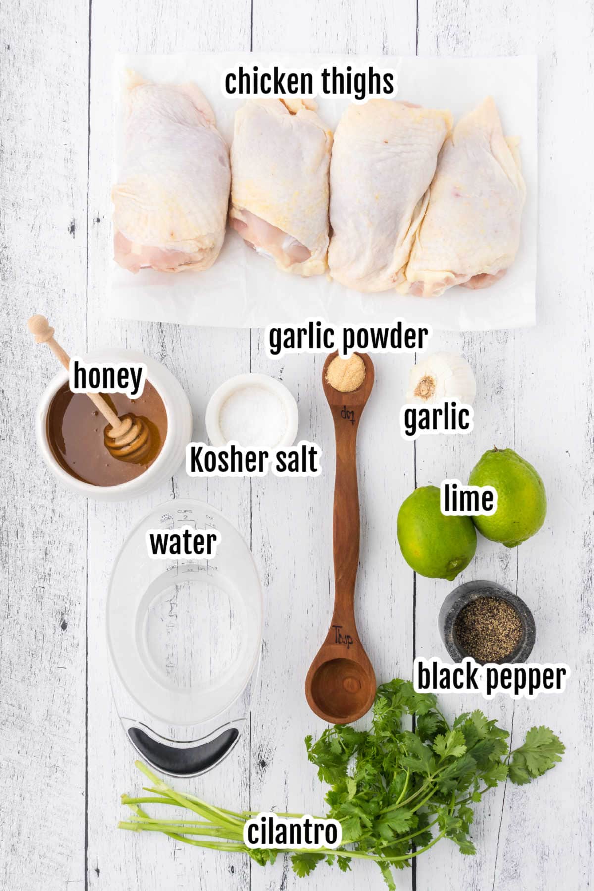 Image of the ingredients needed to make the one-pan lime-garlic marinated chicken thighs. 