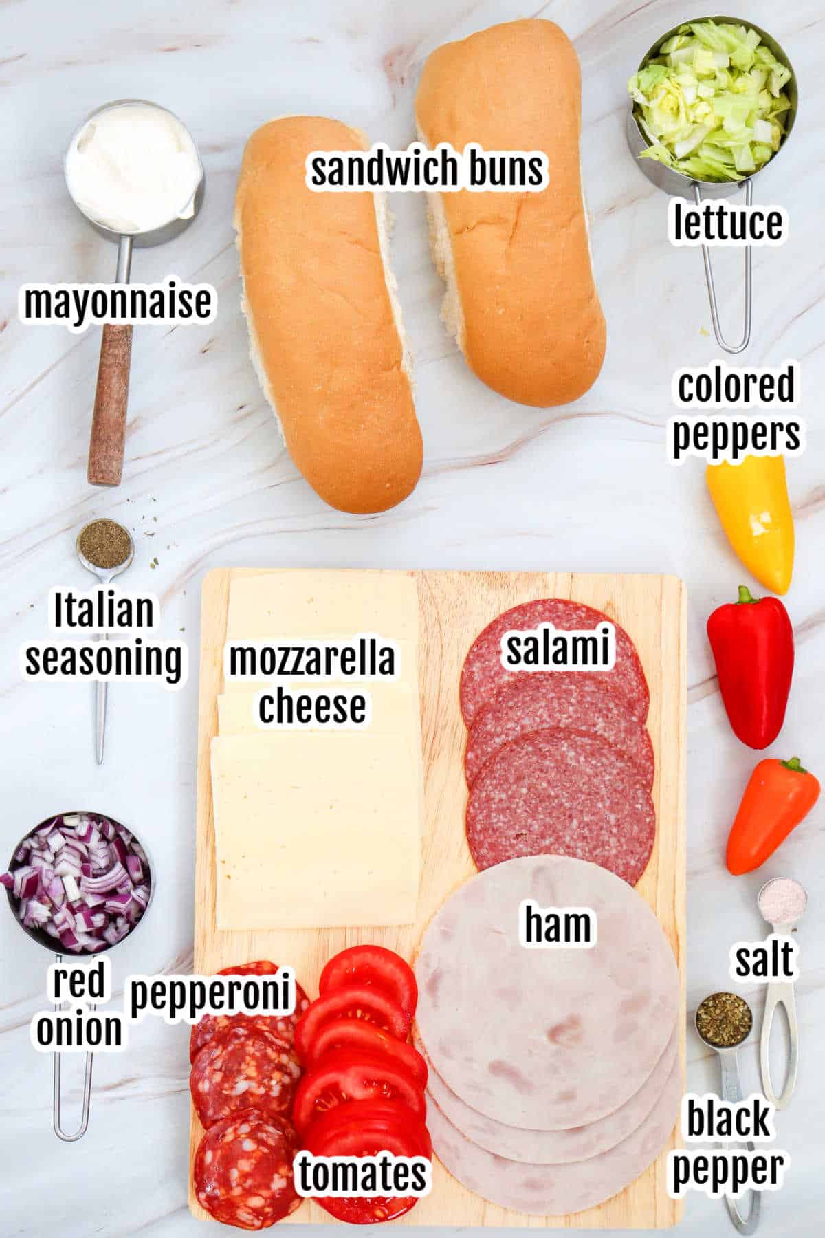 Ingredients necessary to make the Italian chopped salad sandwich recipe.