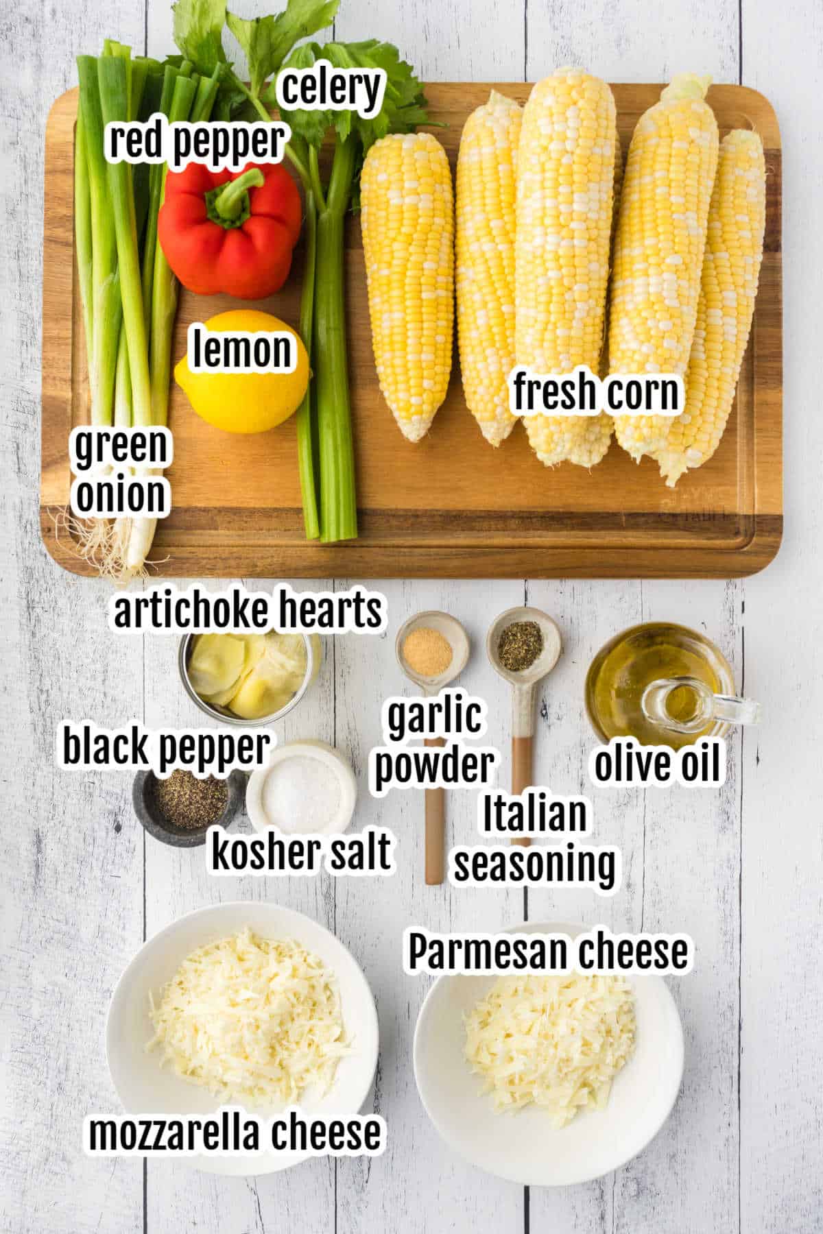Ingredients required to make the Italian corn salad recipe. 