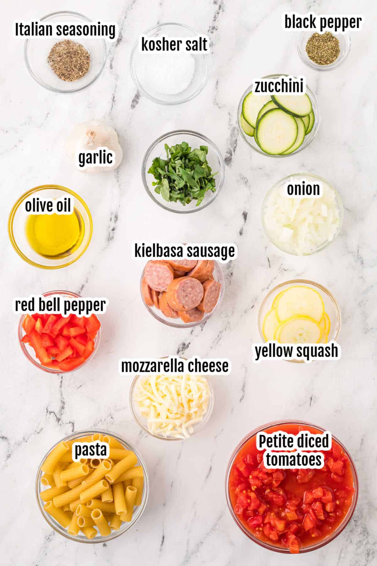 Image of the ingredients needed to make the Italian-American version of Amatriciana estiva. 